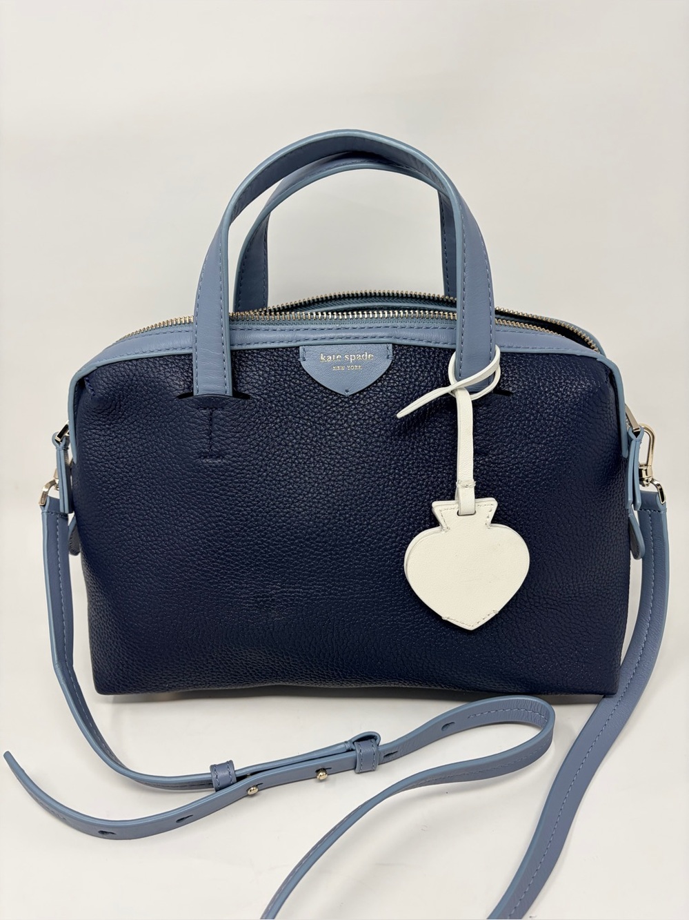 kate spade Navy and Light Blue Leather Satchel with White Heart Charm